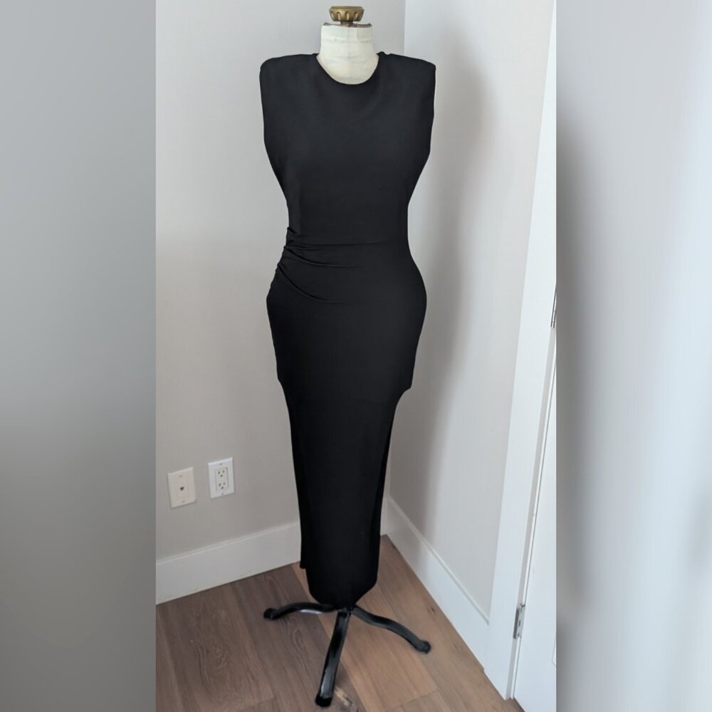 Zara Padded Shoulder Sleeveless Maxi Dress - Black Stretch